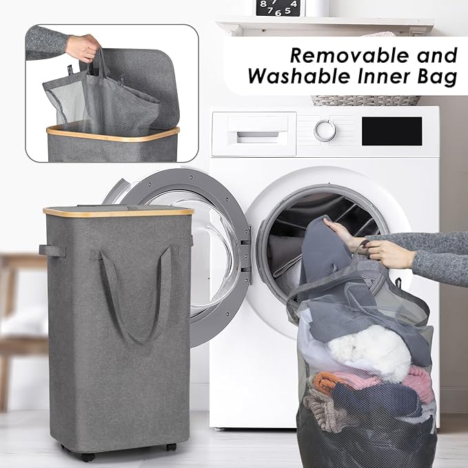WELTRXE Gray Laundry Hamper with Lid and Wheels, 110L Large Rolling Laundry Basket with Extended Handles Foldable Dirty Clothes Hamper Wheeled Narrow Corner Clothes Bins for Bedroom Dorm Laundry Room