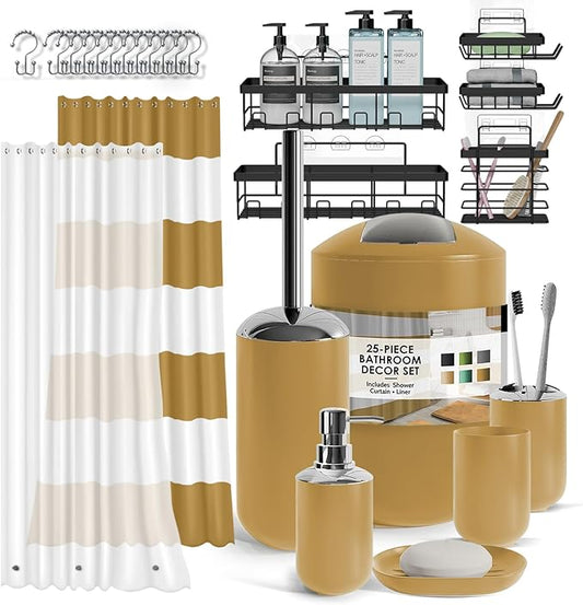 Clara Clark Bathroom Accessories Set - Bathroom Set with Adhesive Corner Shower Caddy Hanging, 25PC Bathroom Accessory Set, Gold Shower Curtain Set, Toilet Brush, Trash Can & Soap Dispenser