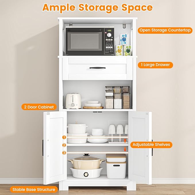 Semoic 55" Farmhouse Kitchen Pantry Cabinet, 5-Tier Pantry Storage Cabinet with 2 Barn Doors and Drawer, Tall Sideboard Buffet Cupboards Storage Shelf for Home Office Use (White 12" D x 24" W x 55" H)