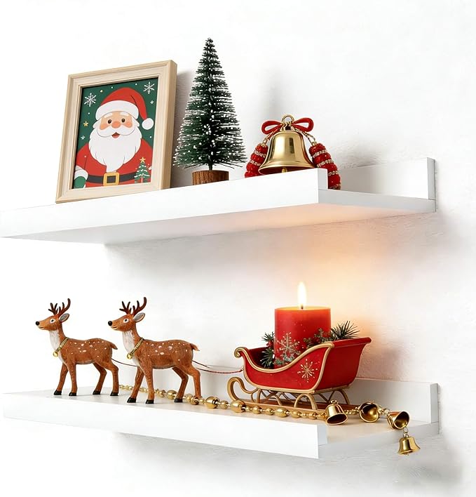 White Floating Shelves for Wall Decor, Wall Mounted Wood Storage Shelf for Bedroom, Living Room, Bathroom, Kitchen, Nursery, Display Picture Ledge Shelf with Lip Set of 2-14 Inches, White