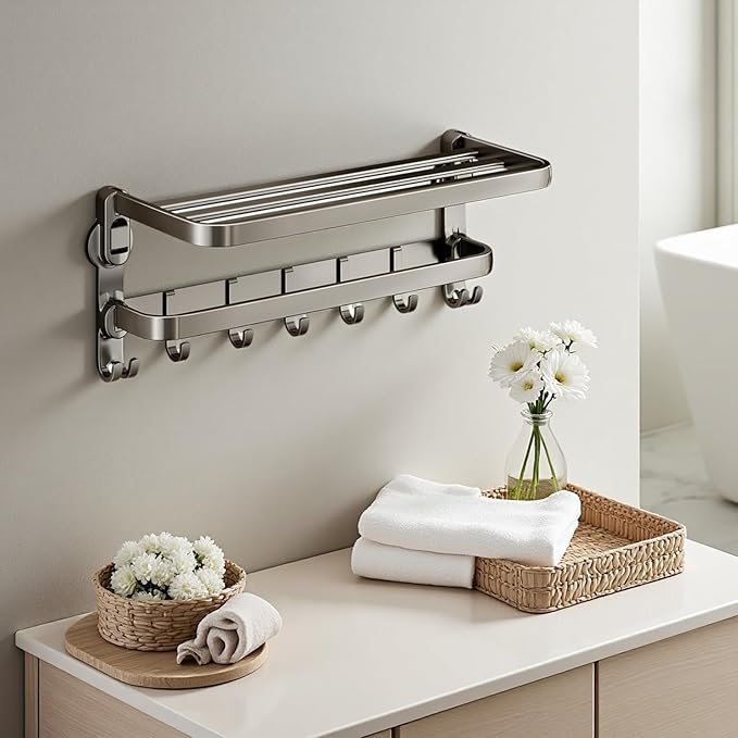 Aluminum Alloy Suction Cup Towel Rack, Bathroom Storage Shelf, No-Drill Mounting (Large)