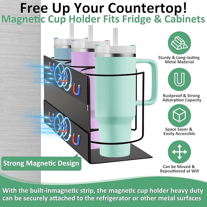 Magnetic Cup Holder for Fridge Water Bottle Organizer for Cabinet, Magnetic Cup Holder Heavy Duty with Tumbler Lid Organizer for 20oz 30oz 40oz Cup Accessories Storage (Black)