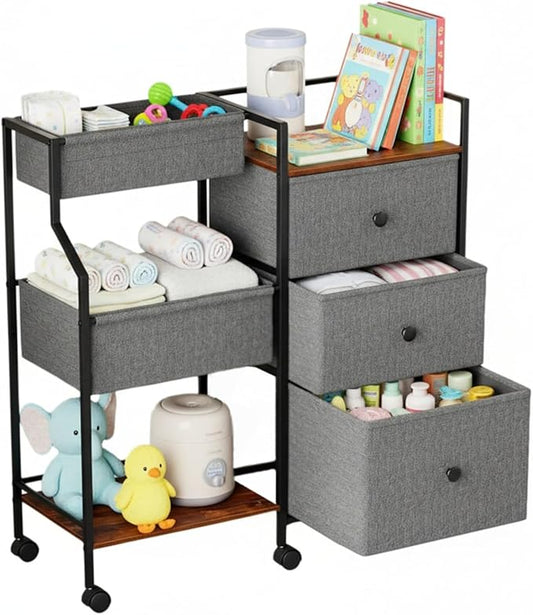 PandaEar Baby Diaper Caddy Organizer and Storage, 3-Tier Rolling Nursery Cart with Drawers & Dividers, Mobile Utility Storage Cart with Wheels for Baby Essentials, Bedroom, Changing Table, Darkgrey