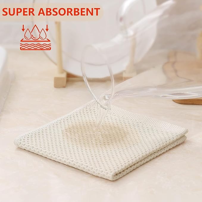 Kitinjoy 100% Cotton Kitchen Dish Cloths (12 X 12 Inches, Beige), 12 Pack Waffle Weave Ultra Soft Absorbent Dish Towels for Drying Dishes Quick Drying Kitchen Towels Dish Rags