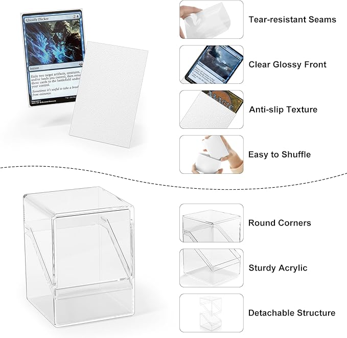 2 Pack Card Deck Boxes, Deck Case and 200Pcs Card Sleeves with Dividers, Standard Clear Commander Cards Storage Box Perfect Fit for MTG, Sport, Trading Cards (White)