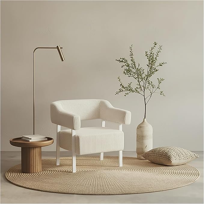 Premium White Corduroy Accent Chair - High-Back Upholstered Armchair with White Legs