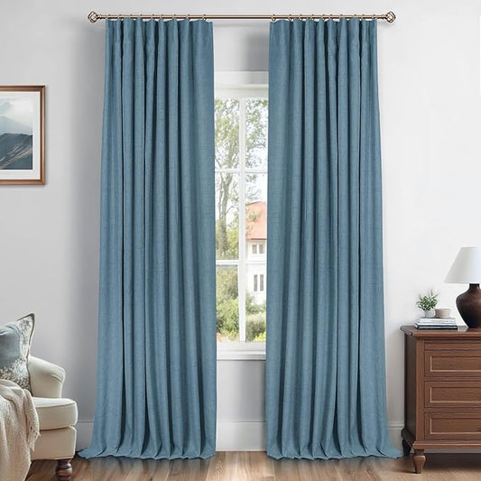 INOVADAY 100% Blackout Curtains for Bedroom, Black Out Curtains 84 Inch Long, Clip Rings Linen Blackout Drapes, Thermal Insulated Room Darkening for Living Room, 2 Panels - Stone Blue, W50xL84