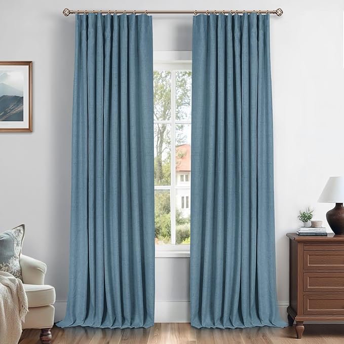 INOVADAY 100% Blackout Curtains for Bedroom, Black Out Curtains 96 Inch Long, Clip Rings Linen Blackout Drapes, Thermal Insulated Room Darkening for Living Room, 2 Panels - Tone Blue,W50xL96