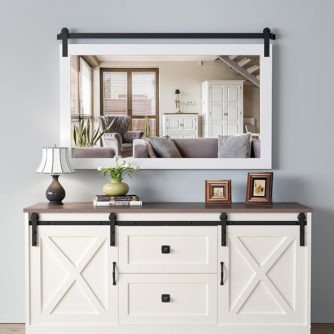 COGOOD Farmhouse Bathroom Mirror - 45 x 30 Rustic Wood Framed Wall Barn Door Mirror for Entryway, Living Room, Entryway Wall Decor (Pure White)