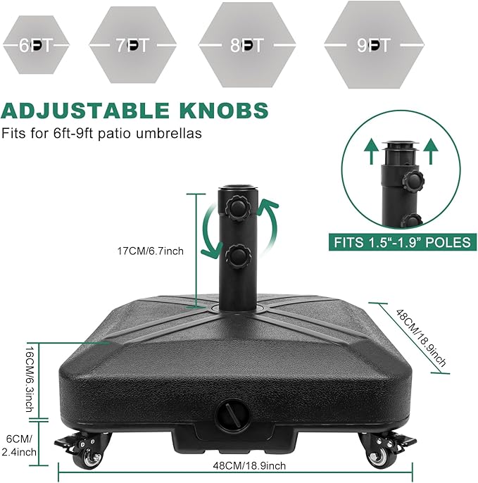 Patio Umbrella Base Heavy Duty with Wheels Square Market Stand for Outdoor 4 Locks 2 Knobs 125lb Capacity, Black