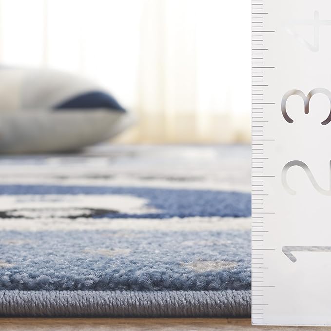 SAFAVIEH Carousel Kids Collection Area Rug - 6'7" Square, Grey/Blue, Geometric Design, Ideal for High Traffic Areas in Living Room, Bedroom, Dining (CRK193M)
