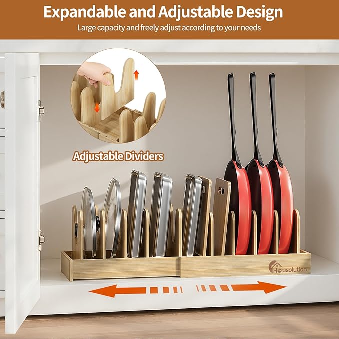 Housolution Bamboo Pot and Pan Organizer for Cabinet, 15"-29" Expandable Pot Lid Organizer with 10 Adjustable Dividers, Pan Holder Storage Rack for Cutting Board, Baking Tray and Cookie Sheet