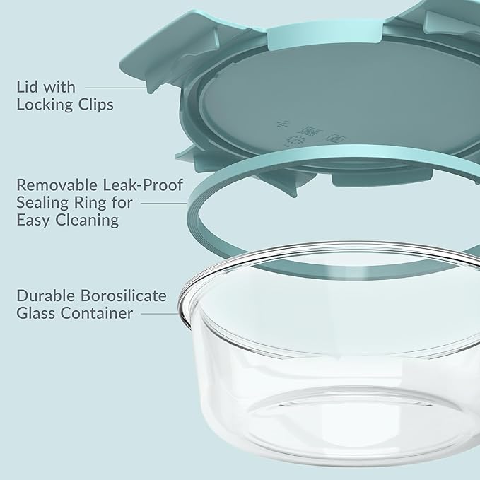 Bentgo Glass Leak-Proof Food Storage Set - 14-Piece Glass Containers with BPA-Free Airtight Lids, Reusable & Durable for Leftovers & Meal Prep - Microwave, Freezer, Oven & Dishwasher Safe (Soft Aqua)