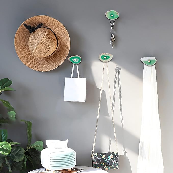 Cozy Tower 4 Pcs Green Agate Wall Hooks - Decorative, Hat Bag & Purse Hooks in Gold Brass Finish