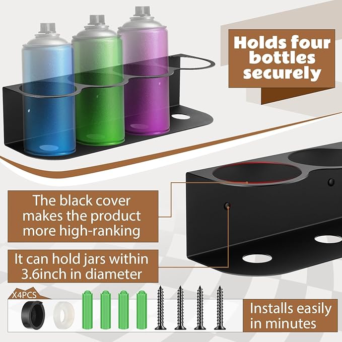4 Pcs 4 Holes All Purpose Steel Spray Bottle Holder Heavy Duty Spray Can Holder Rack Organizer Easy Install Wall Mount Paint Bottle Organizer Storage Rack for Garage Home Workspace