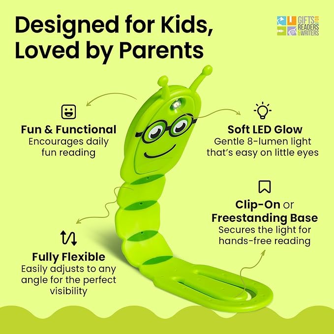 Gifts for Readers & Writers Book Light for Kids, Clip On Reading Light for Bed, 2in1 Flexilight Pals & Bookmark, Small & Lightweight with a Soft Glow, 2 Batteries Included, Bookworm Green