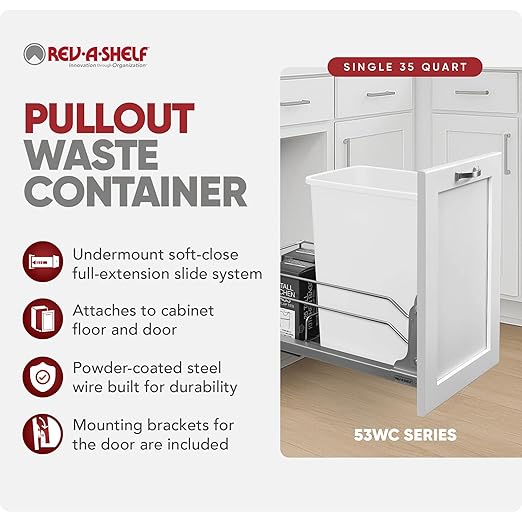 Rev-A-Shelf Pullout Trash Can for Base Kitchen Cabinets 35 Quart 8.75 Gallon with Soft-Close Slides and Rear Storage, White, 53WC-1535SCDM-111