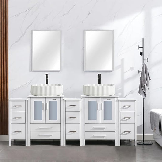 eclife 84" Modern Bathroom Vanity Sink Combo Freestanding Cabinet with Small Side Cabinet, White Shell Ceramic Vessel Sink, Water Save Faucet, Drain (White+T54)