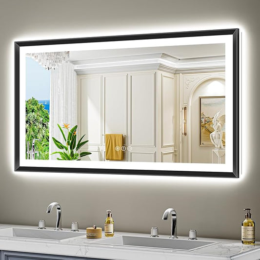 55x30 Black Framed LED Bathroom Mirror with Lights, Backlit and Front Light, Lighted Bathroom Vanity Mirror for Wall Dimmable Anti-Fog Memory Tempered Glass Horizontal/Vertical