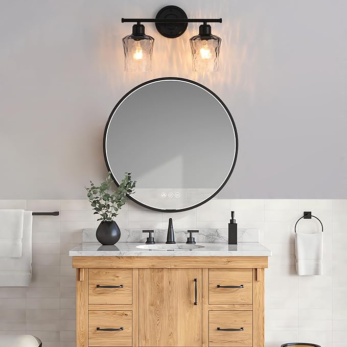 Modern 2-Light Bathroom Vanity Light Fixtures, Black Bathroom Lights Over Mirror with Grey Glass Shade, E26 Glass Wall Sconce for Kitchen, Bedroom, Hallway, Living Room