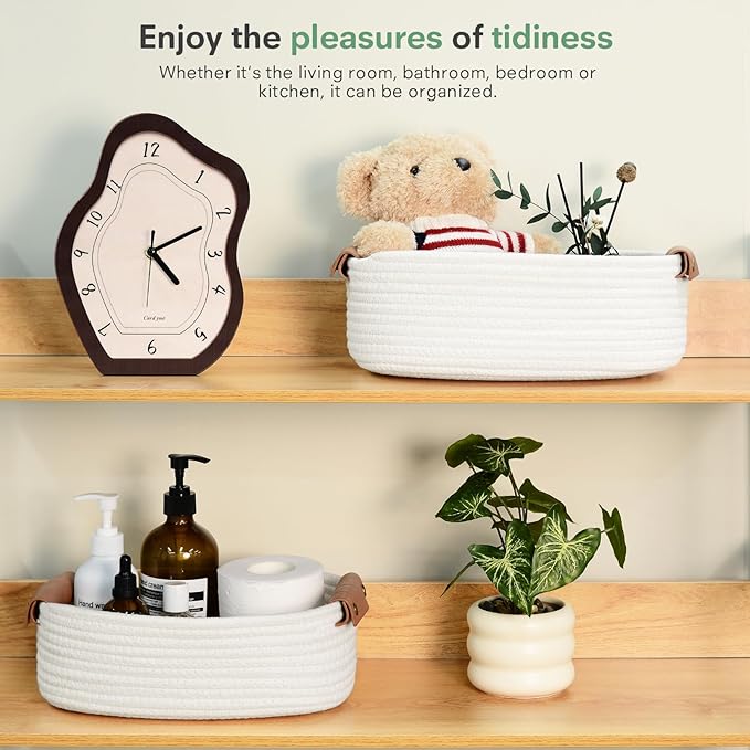 5 Piece Storage Baskets Small Woven Basket with Detachable Leather Handle, Cotton Rope Shelf Baskets for Closet Organizers, Different Sizes Basket Decor, White