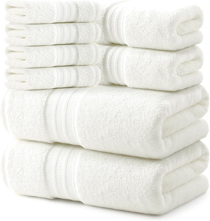 REDKISS 8 Piece Ivory Towels Set - 100% Cotton Towels Set with 2 Large Bath Towels, 2 Hand, 4 Washcloths, 600 GSM Highly Absorbent Bath Towel Sets, Cream Quick Dry Shower Towel for Family Gym