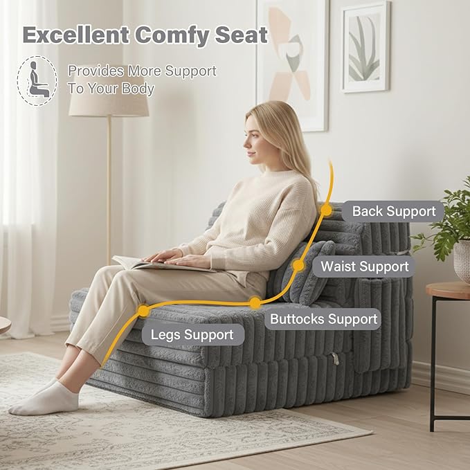 Tiita Folding Sofa Bed Twin Size, Convertible Sleeper Chair Mattress with Pillow, Thick Corduroy Floor Mattress Couch Bed with Side Pocket, Guest Room, Dorm, Apartment, Grey