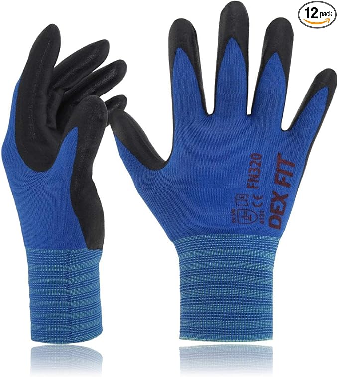 DEX FIT Nylon Work Gloves FN320, 3D Comfort Fit, Power Grip, Lightweight & Breathable, Touchscreen, Gardening, Yard Work, Warehouse, Delivery Driver Gloves; Blue 10 (XL) 12 Pairs