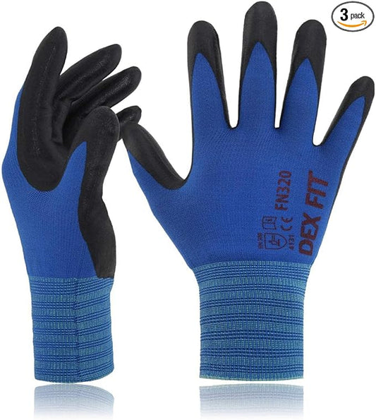 DEX FIT Nylon Work Gloves FN320, 3D Comfort Fit, Power Grip, Lightweight & Breathable, Touchscreen, Gardening, Yard Work, Warehouse, Delivery Driver Gloves; Blue 10 (XS) 3 Pairs
