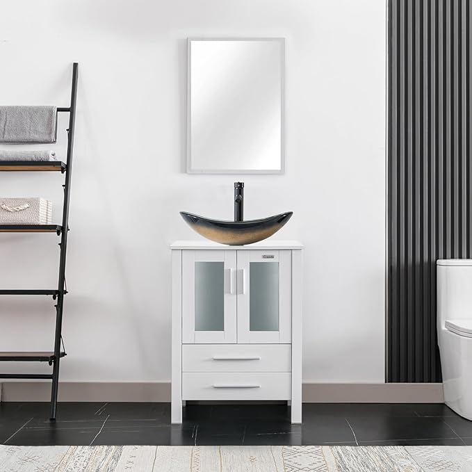 eclife 24" Modern Bathroom Vanity Sink Combo Freestanding Cabinet with Soft Closing Door, Champagne Boat Glass Vessel Sink, Water Save Faucet, Drain (White+A29CH)
