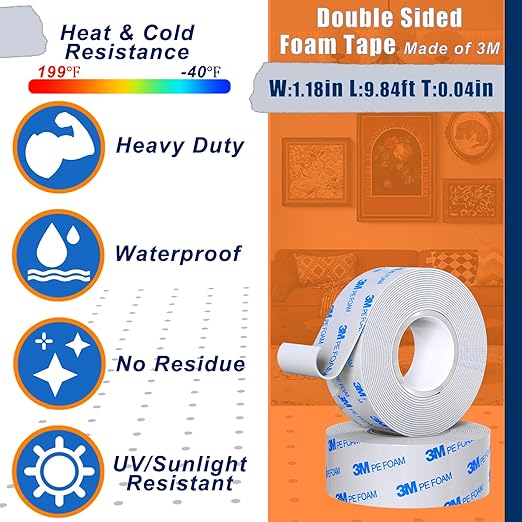 Heavy Duty Double Sided Tape, Made of 3M - Removable & No Damage, Waterproof, 1.18in x 19.68ft 2 Rolls, Ideal for Home & Auto