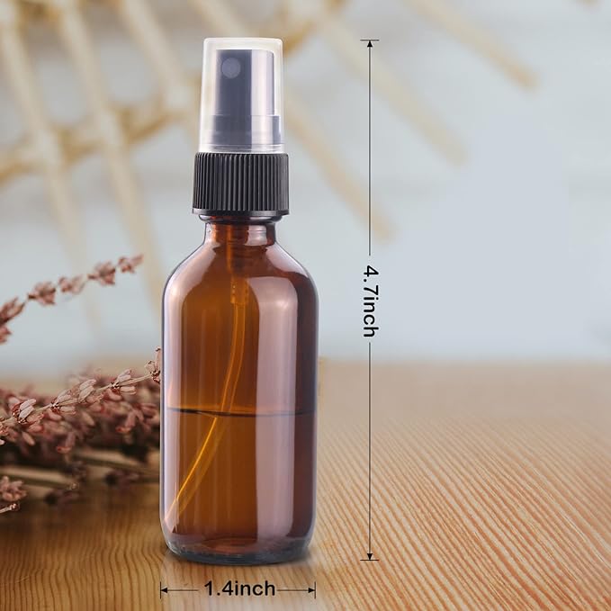 Wedama 2 oz Mini Glass Spray Bottles, Empty Small Spray Bottles with Funnel Dropper, Fine Mist for Hair, Travel, Plants, Cleaning Solutions and Skin Care (4 Pack Amber)