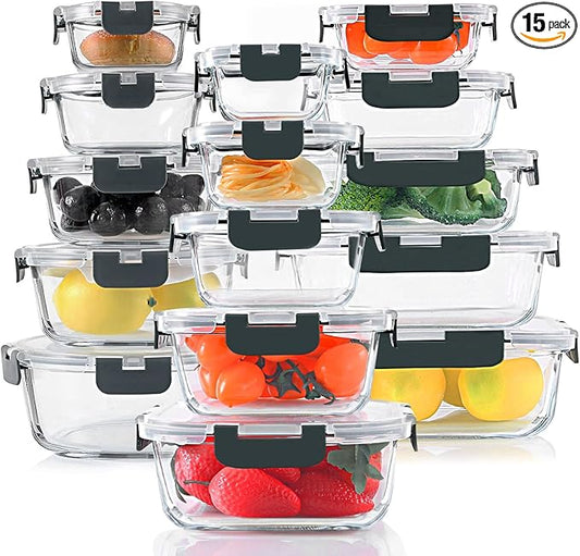 KOMUEE 30 Pieces Glass Food Storage Containers Set, Glass Meal Prep Containers Set with Snap Locking Lids, Airtight lunch Containers for Microwave, Oven, Freezer & Dishwasher,Gray