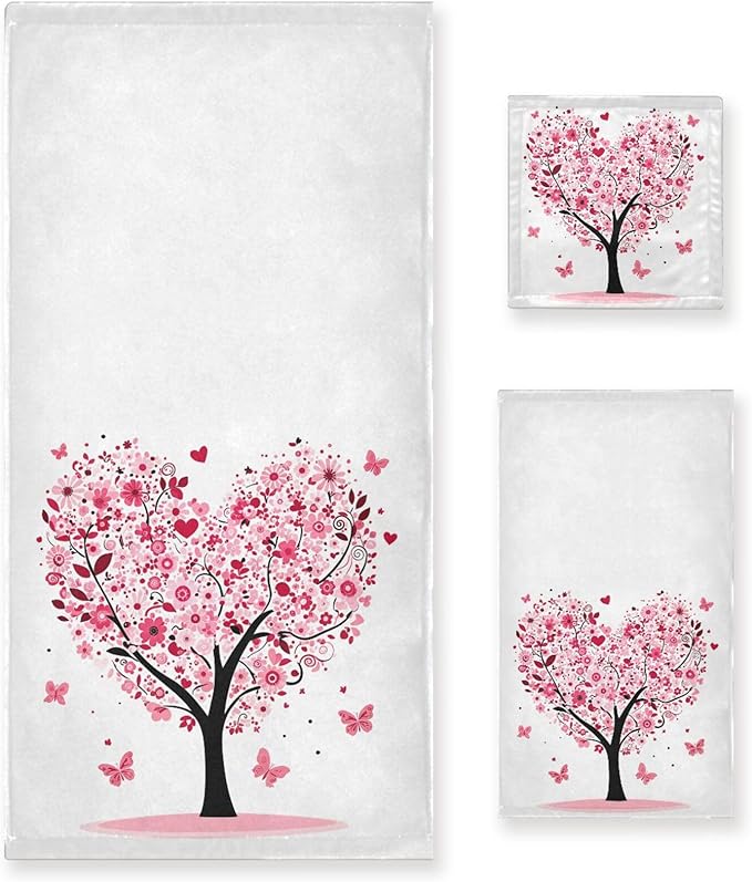 Pink Flowers Heart Tree Towels Set of 3 Romantic Love Spring Trees Butterfly Bathroom Towel Soft Absorbent Bath Hand Towels Washcloth Guest Towel Sets Mother's Valentine's Day Decorations