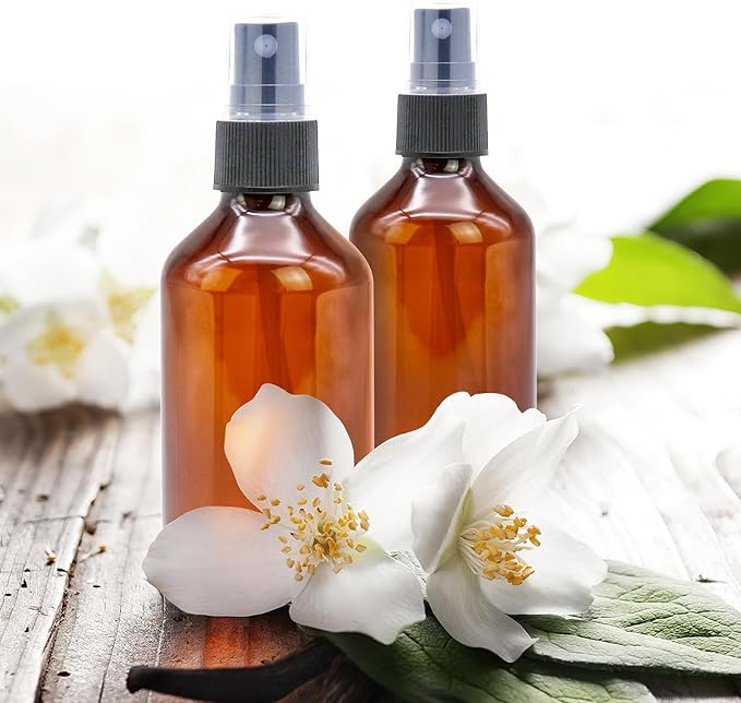 12 Pack 3.4oz Amber Spray Bottles, Small Fine Mist Mister Plastic Travel Bottles, Empty Bottles Set for Essential Oils Hair