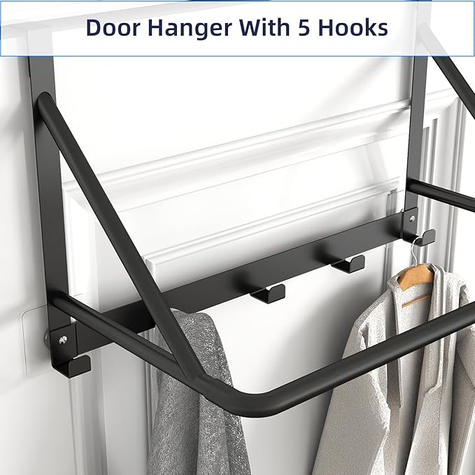Over The Door Clothes Hanger, Metal Clothes Rack for Door with 5 Hooks, Over The Door Hanger for Bathroom, Laundry, Bedroom, Washroom, Fits Door Up to 1.97", Matte Black