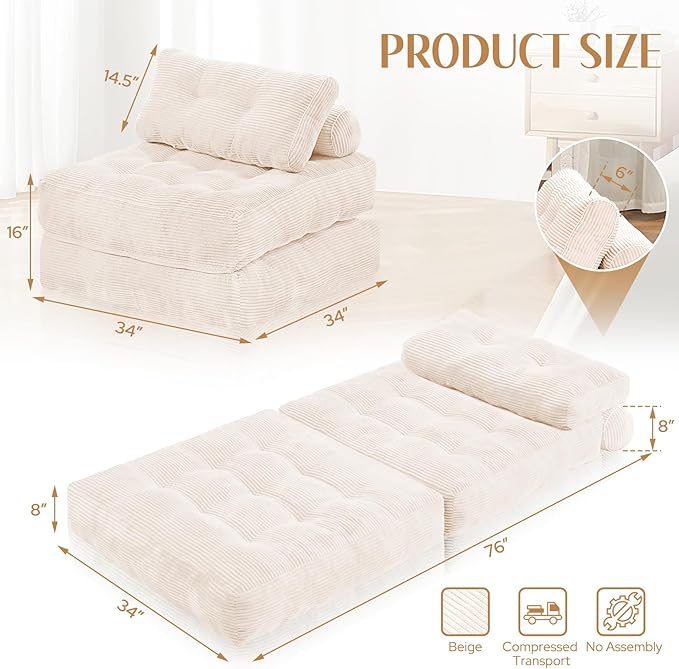 HABUTWAY Folding Sofa Bed, Convertible Sleeper Chair Bed w/Dual-Pillow & Handle, Foldable Floor Sofa Lounge w/Back Support for Living Room, Bedroom, Apartment, Office, Single, Beige
