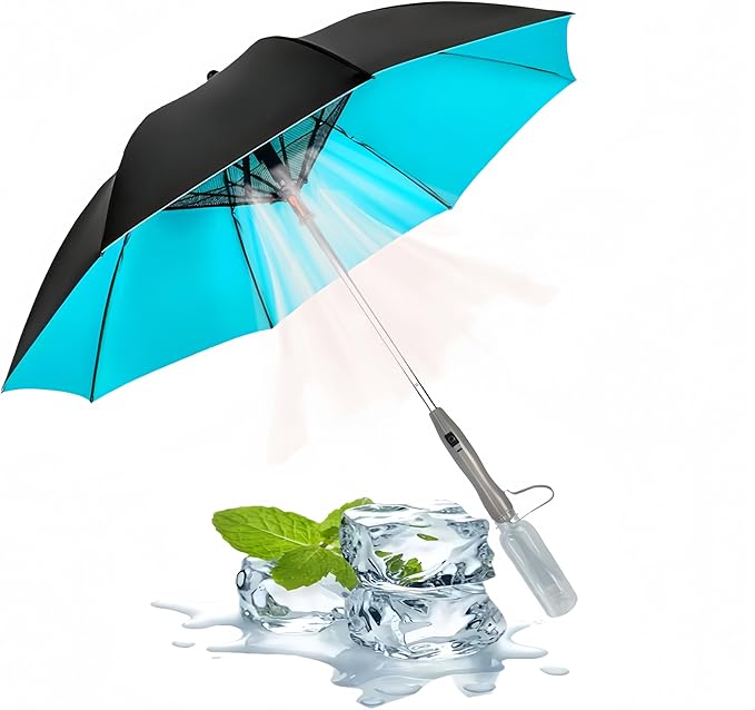 Umbrella with Fan & Mist Spray - Rechargeable UV Protective Cooling Umbrella for Patio, Beach, Travel — Portable Misting System & Detachable Water Bottle Included