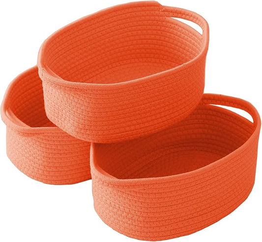 Woven Basket,Small Rope Storage Bin with Handles & Ribbon Bag, Organizer for Shelves Closets,Gift Basket Empty for Birthday,Books,Dog Toys,Orange/3 Pack