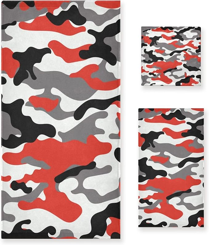 3 Piece Red Black Camo Bath Towels Set,Microfiber Decorative Camouflage Military Army Hunting Themed White Gray Bathroom Towels,1 Bath Towel 1 Hand Towel for Kitchen,1 Washcloth for Body Face