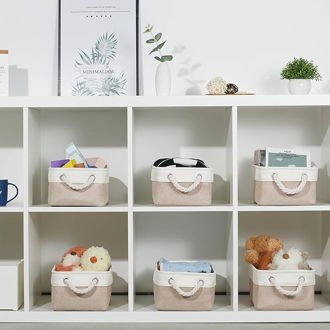 Bidtakay Small Baskets Fabric Storage [6 Pack] Beige Storage Bins 11.8 X 7.8 X 5 Inches Empty Gift Basket Decorative Storage Baskets for Shelves, Baby Clothes Storage, Bathroom(White&Beige)