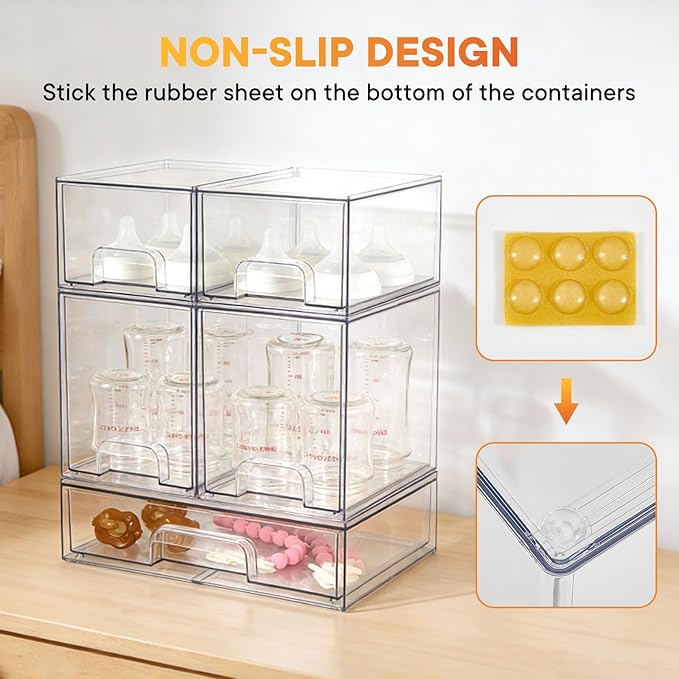 Baby Bottle Organizer, 5 Pack Clear Space-Saving Stackable Drawer with Handle, Baby Bottle Storage Organizer for Countertop and Cabinet