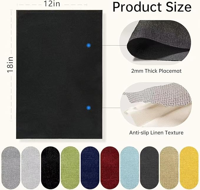 Blue Forest Placemats Set of 8, Dual-Layered Thickened Faux Linen Table Mats Heat Resistant Machine Washable Wrinkle Free Place Mats for Kitchen Dining Outdoor/Indoor (Black)