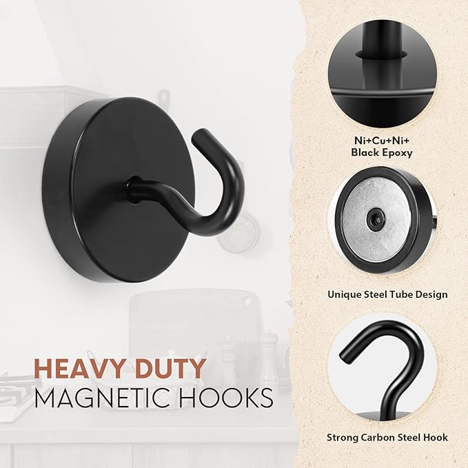 Neosmuk Magnetic Hooks Heavy Duty,100lb Super Strong Magnet with Hooks for Cruise Cabins, Large Metal Hooks for Hanging on Fridge,Extra Strong Magnet Hanger for Ship Walls, Matte Black 6 Pack