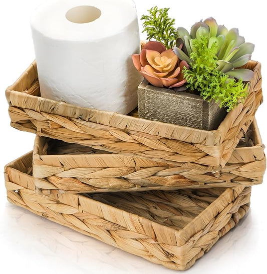 3 Packs Wicker Storage Trays, 10" Rattan Vanity Trays, Handwoven Toilet Paper Holder for Bathroom Towel, Rectangular Water Hyacinth Organizer for Countertop, Tank Topper, Shelves