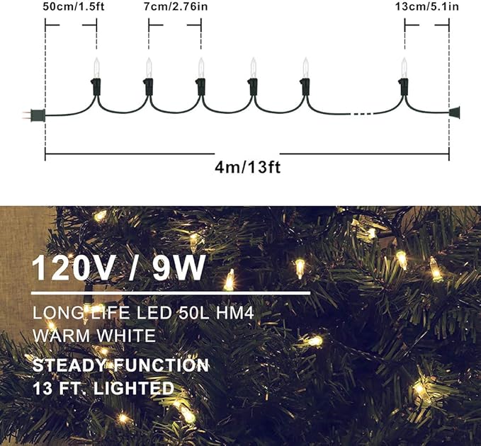 Hopolon 2 Pack 13ft 50-Count Clear Green Wire Christmas Light Set,Incandescent Mini Christmas Lights, Connectable 120V Clear Tree Lights for Wedding, Bedroom, Classroom, Porch Decor(2pcs Warm White)