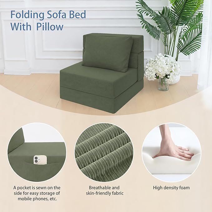 Sofa Bed Foldable Mattress ，Folding Sleeper Sofa Chair Bed Floor Mattress with Pillow for Living Room Home Office (Green-Corduroy, Single)