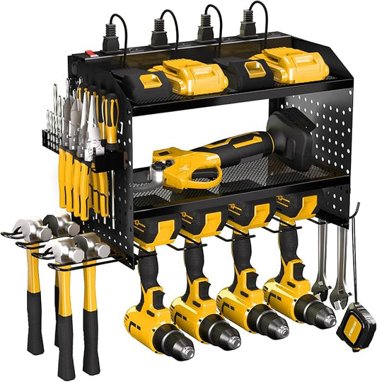 Veitorld Power Tool Organizer Wall Mount with Charging Station, 4 Drill Holder Heavy Duty Cordless Tool Storage Rack, Metal Garage Organizers and Storage, Christmas Birthday Gifts for Men Dad Him