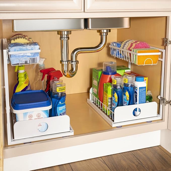 Under Sink Organizer, 2 Tier Pull Out Cabinet Organizer, Adjustable Height, Slide Out Storage Shelf, Sliding Drawers, Under Sink Storage for Kitchen Bathroom Laundry Room Cabinet, White, 2 Pack