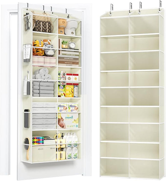 5-Tier Over The Door Organizer with 10 Side Mesh Pockets & Clear Windows, 80 lbs Weight Capacity Hanging Storage for Bathroom, Bedroom, Nursery, Kitchen, Organize Shoes, Diapers(Clear Beige)